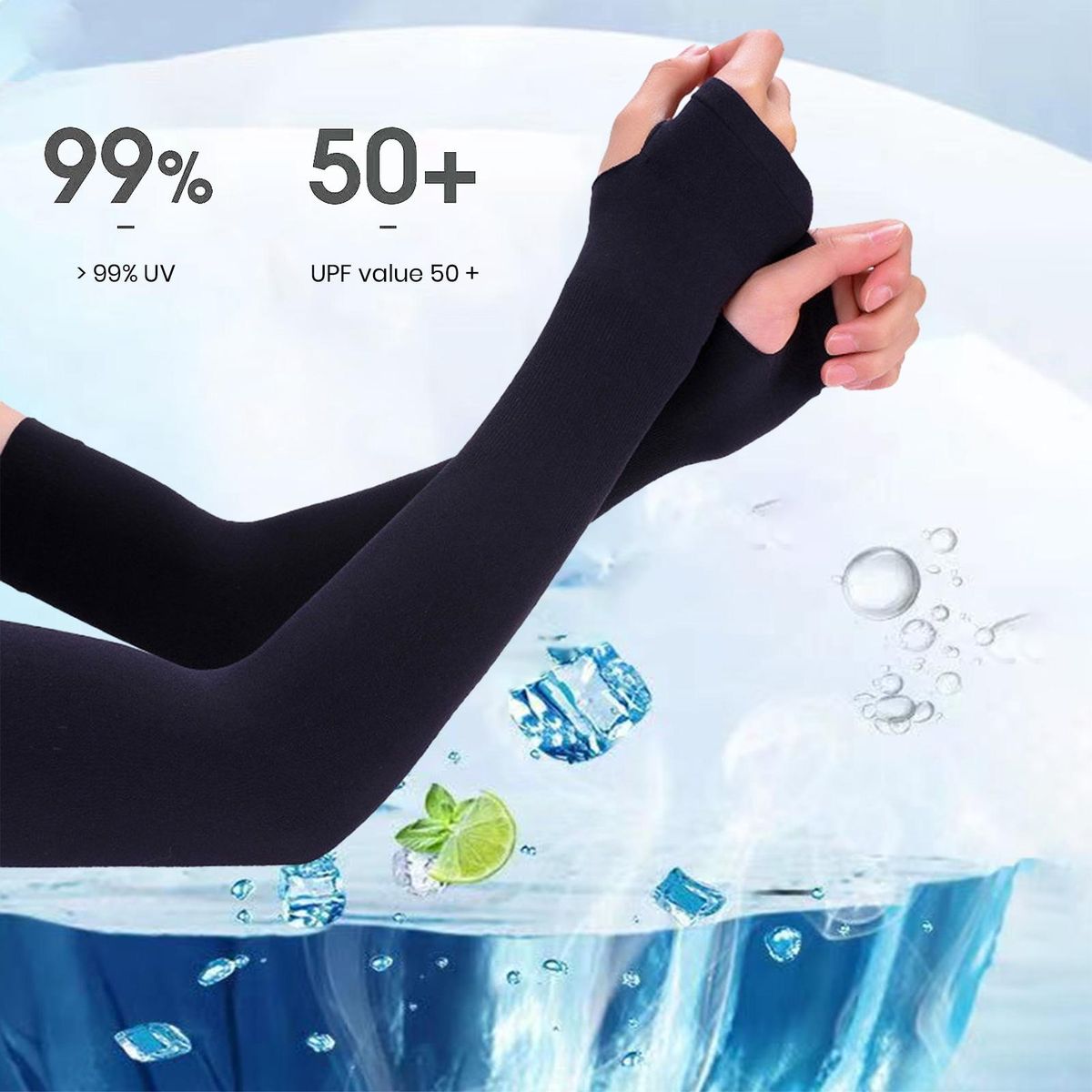Sunshield Arm Sleeves Ice Silk Thumbhole Design Unisex for Cycling Black