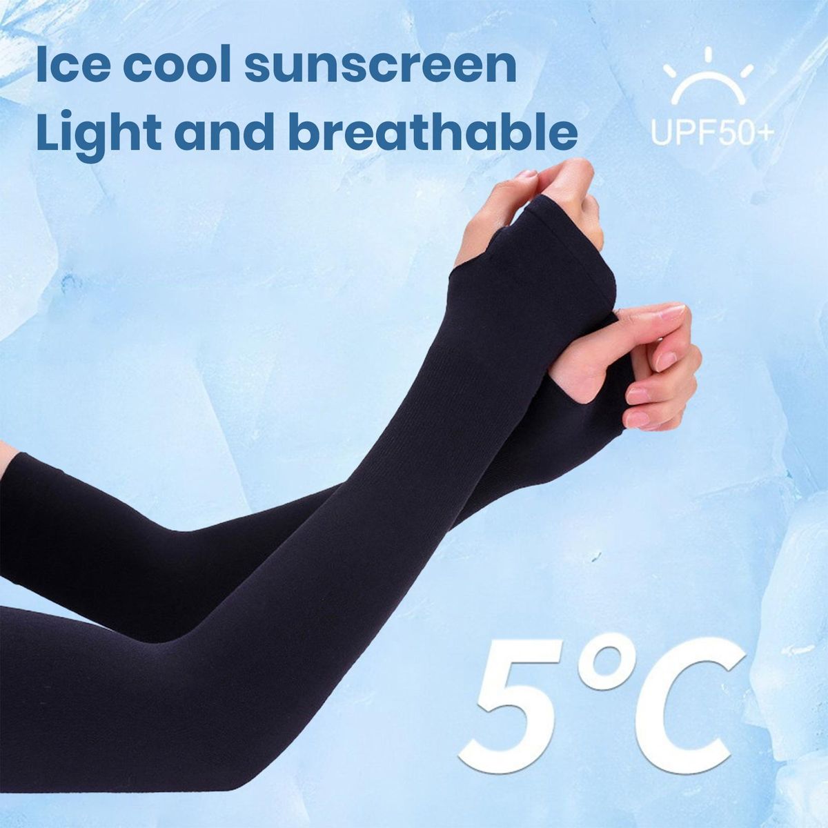 Sunshield Arm Sleeves Ice Silk Thumbhole Design Unisex for Cycling Black