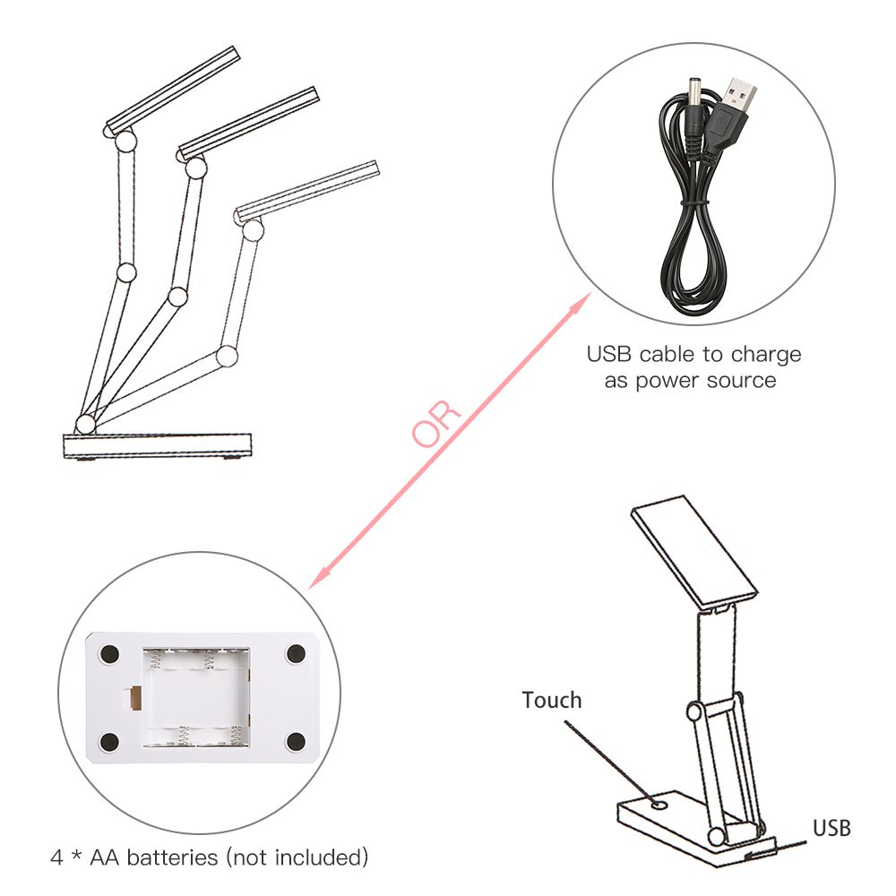 Portable Folding 24 LED Table Lamp Desk Light Sensitive Touch Control 3 Levels Adjustable Brightness Dimmable USB Charging Port 4 * AA Batteries Powered Operated For Students Reading Working Bedroom Study Room