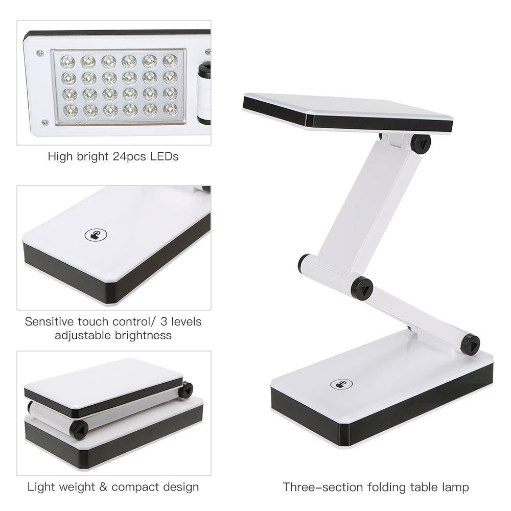 Portable Folding 24 LED Table Lamp Desk Light Sensitive Touch Control 3 Levels Adjustable Brightness Dimmable USB Charging Port 4 * AA Batteries Powered Operated For Students Reading Working Bedroom Study Room