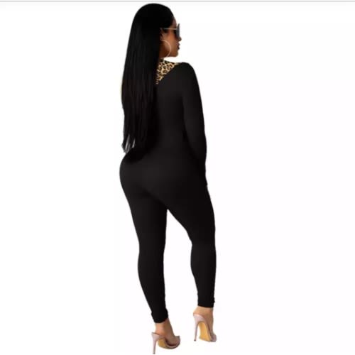 Black Leopard Print Patch Work Long Sleeve Jumpsuit