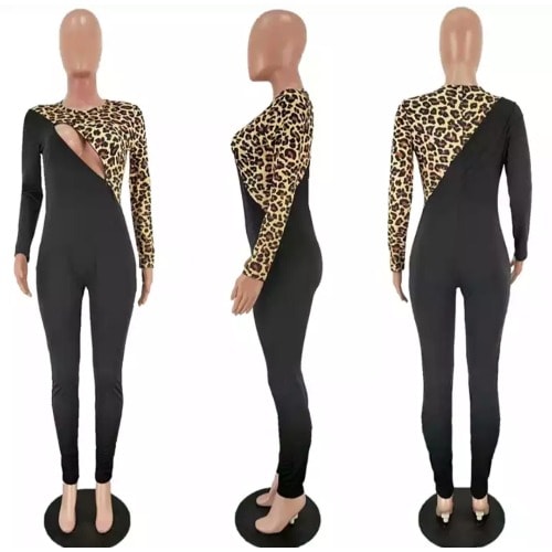 Black Leopard Print Patch Work Long Sleeve Jumpsuit