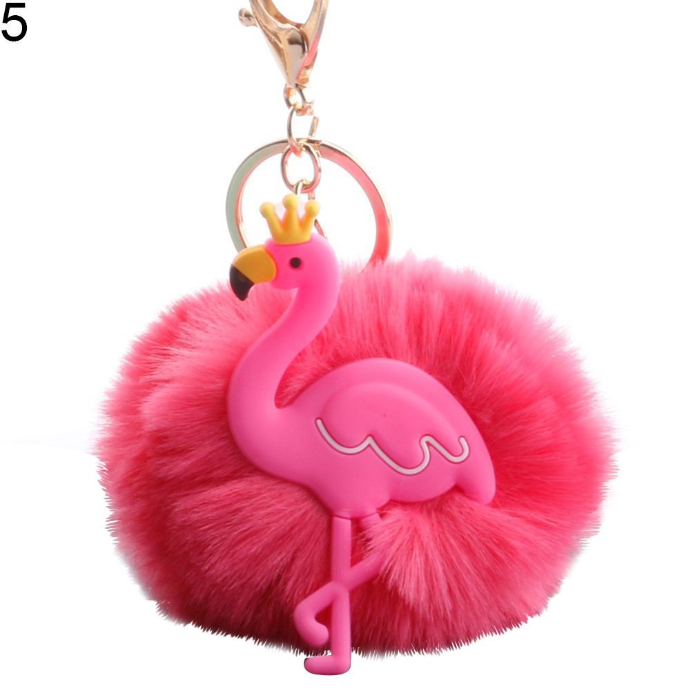 Lovely Crown Flamingo Fluffy Pompom Key Ring Holder-Pink