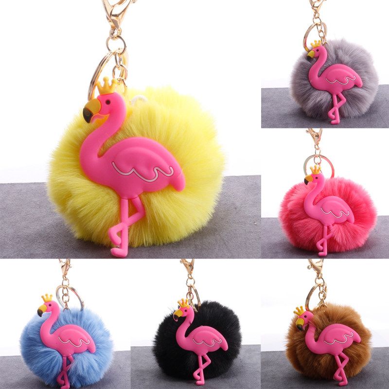 Lovely Crown Flamingo Fluffy Pompom Key Ring Holder-Pink