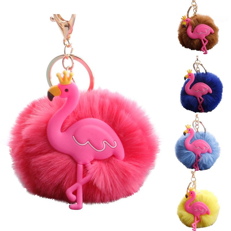 Lovely Crown Flamingo Fluffy Pompom Key Ring Holder-Pink