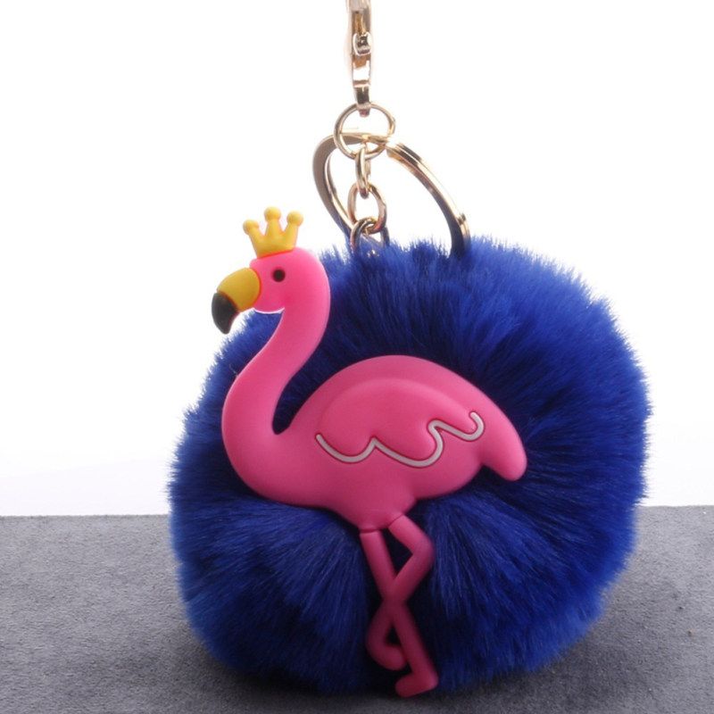Lovely Crown Flamingo Fluffy Pompom Key Ring Holder-Pink