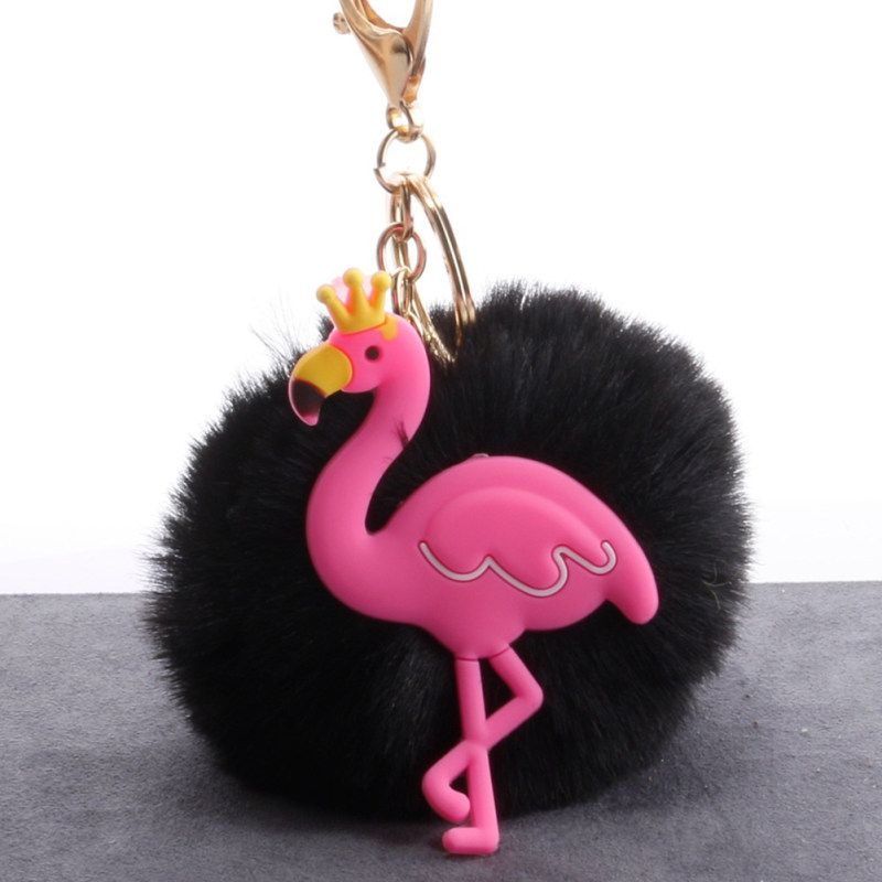 Lovely Crown Flamingo Fluffy Pompom Key Ring Holder-Pink
