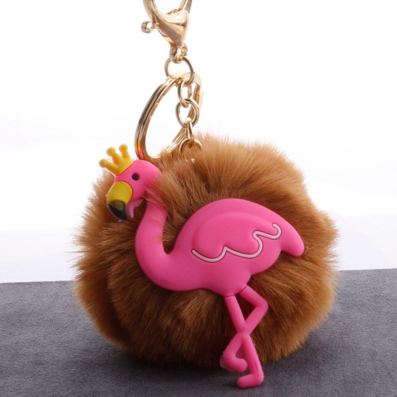 Lovely Crown Flamingo Fluffy Pompom Key Ring Holder-Pink