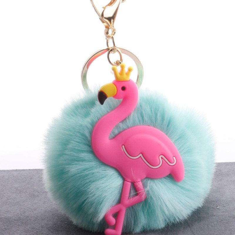 Lovely Crown Flamingo Fluffy Pompom Key Ring Holder-Pink