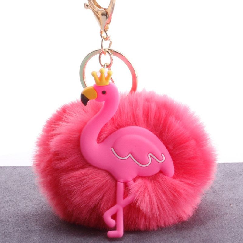 Lovely Crown Flamingo Fluffy Pompom Key Ring Holder-Pink