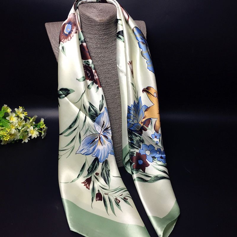 Bandana Scarf Girl Big Square Silk Satin Sunscreen Shawl Floral Shiny Lady Women Muslim Hijab Green