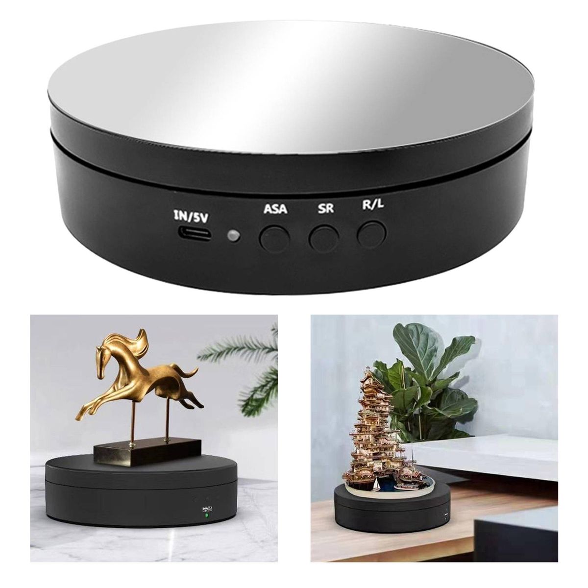 6 Inch Electric Rotating Disturn Table Base USB Power Black Mirrored