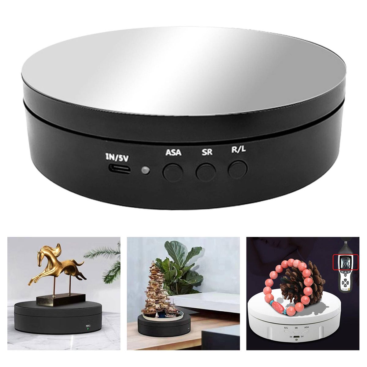 6 Inch Electric Rotating Disturn Table Base USB Power Black Mirrored