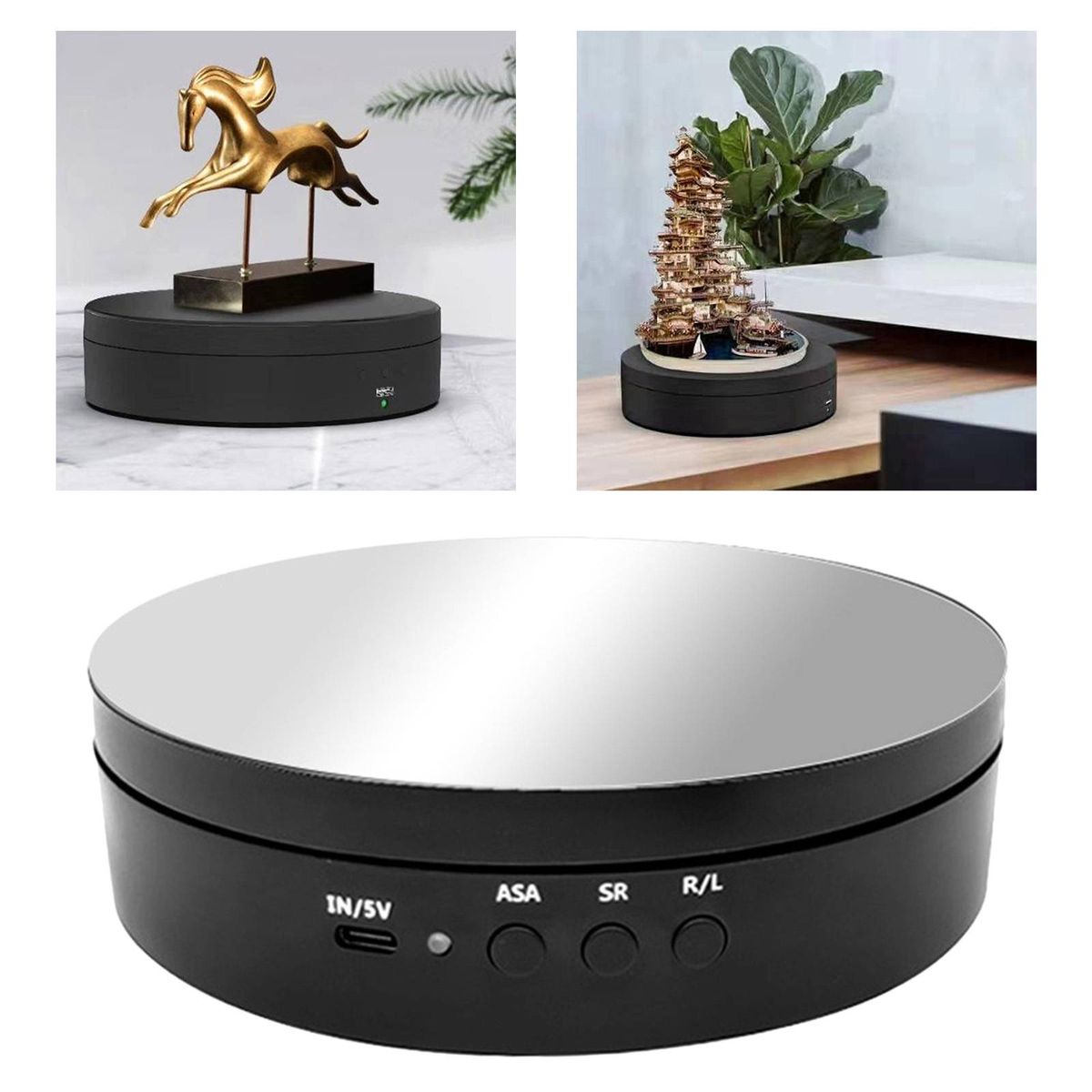 6 Inch Electric Rotating Disturn Table Base USB Power Black Mirrored