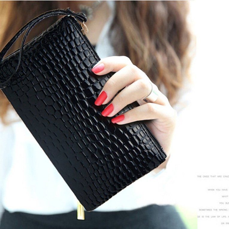 UJ Crocodile Pattern Women Wallet Purse Card Phone Holder Makeup Bag Handbag-black