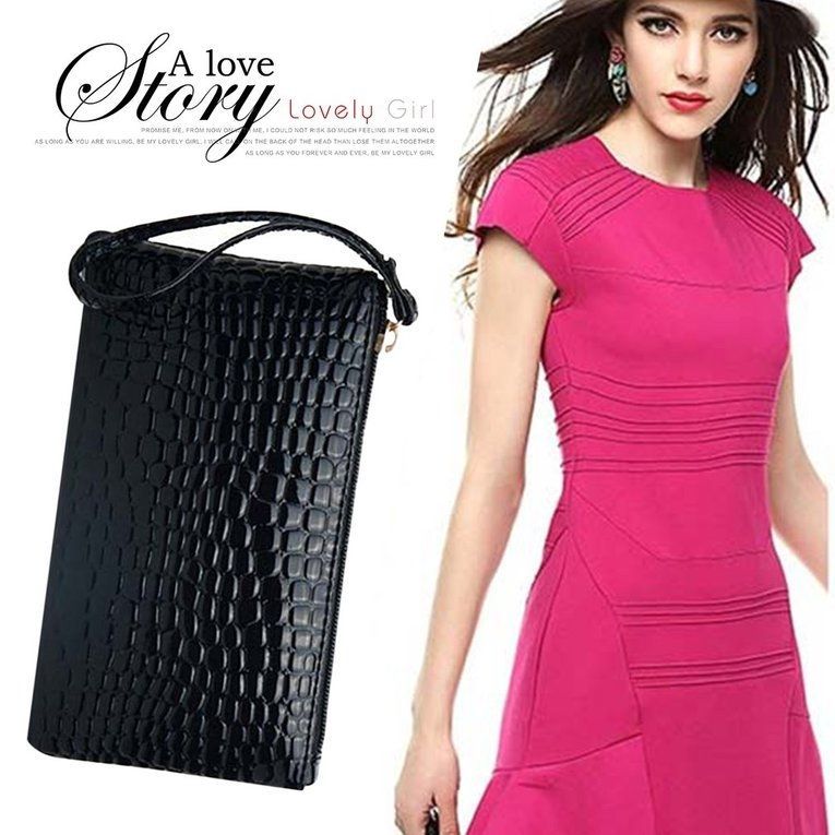 UJ Crocodile Pattern Women Wallet Purse Card Phone Holder Makeup Bag Handbag-black