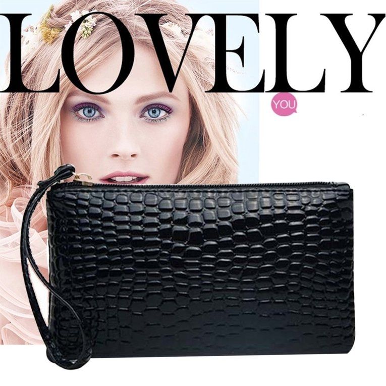 UJ Crocodile Pattern Women Wallet Purse Card Phone Holder Makeup Bag Handbag-black