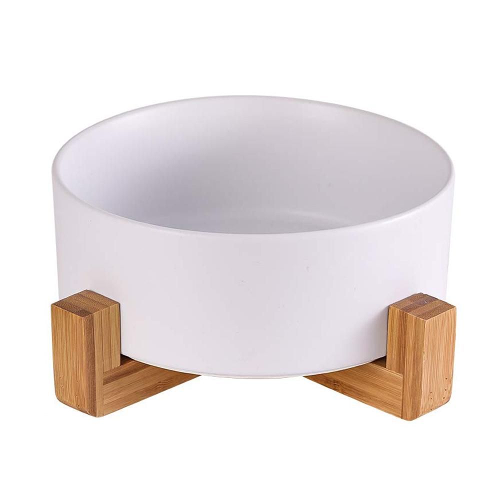 Cat Bowls, Kitten Bowl for Food and Water, Raised Ceramic Cat Food Bowl to Protect Pet' Spine, with Wood Stand (White)