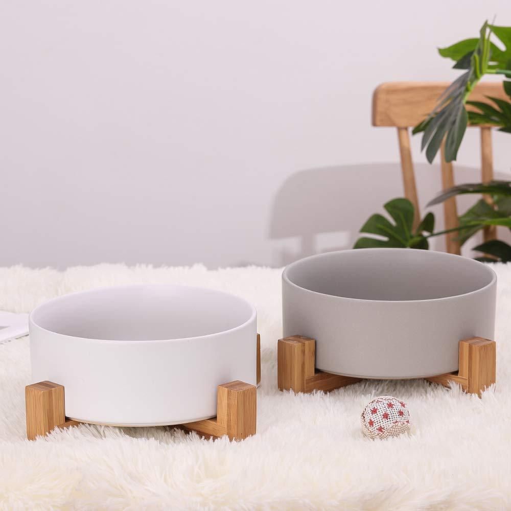 Cat Bowls, Kitten Bowl for Food and Water, Raised Ceramic Cat Food Bowl to Protect Pet' Spine, with Wood Stand (White)