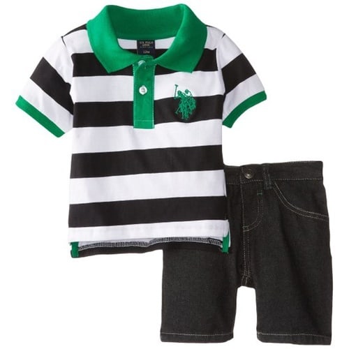 Baby Boys' Wide Stripe Pique Polo and Denim Short Set - Multicolour