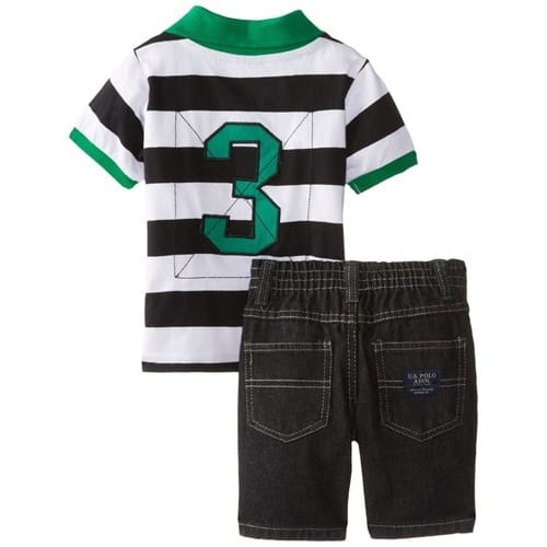 Baby Boys' Wide Stripe Pique Polo and Denim Short Set - Multicolour