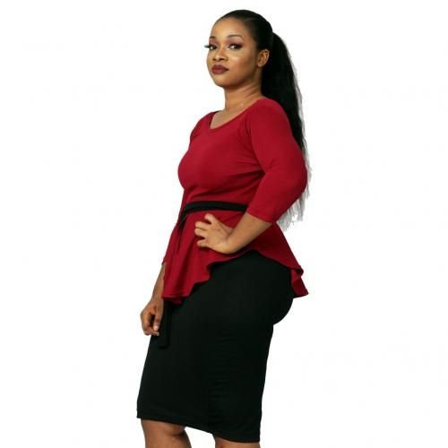 Gabrielle Peplum Top And Pencil Skirt Bundle - Black/Red