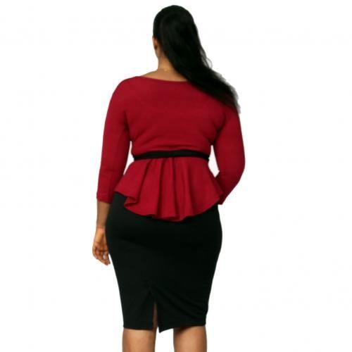 Gabrielle Peplum Top And Pencil Skirt Bundle - Black/Red