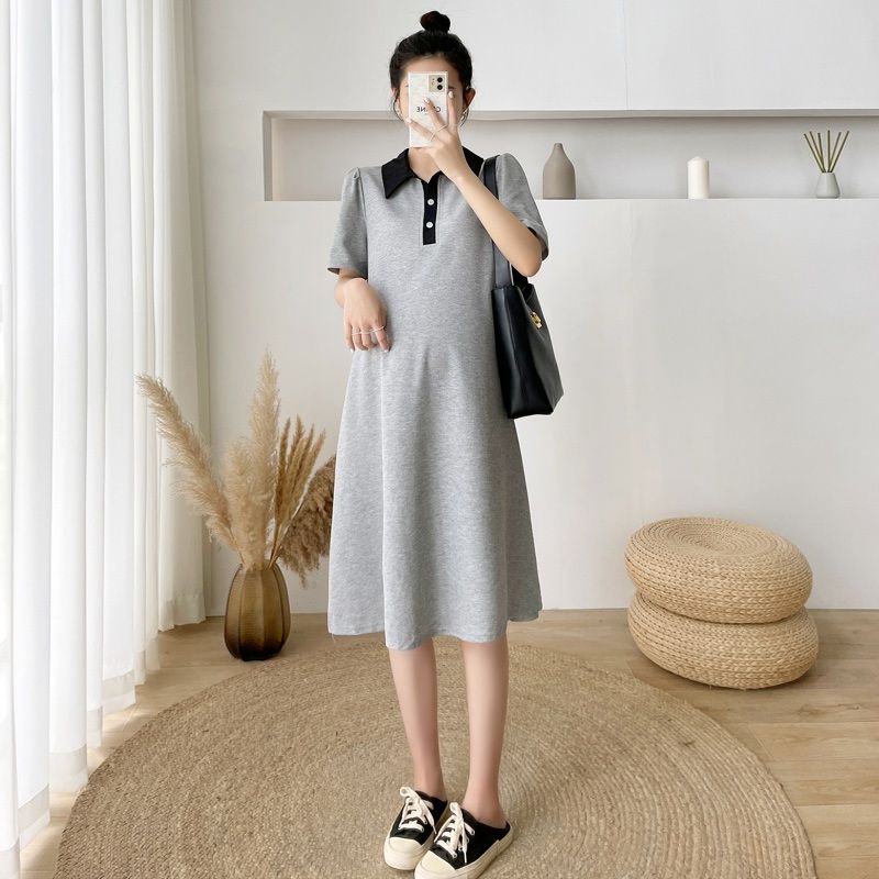 Lapel Mid Length Maternity Dress