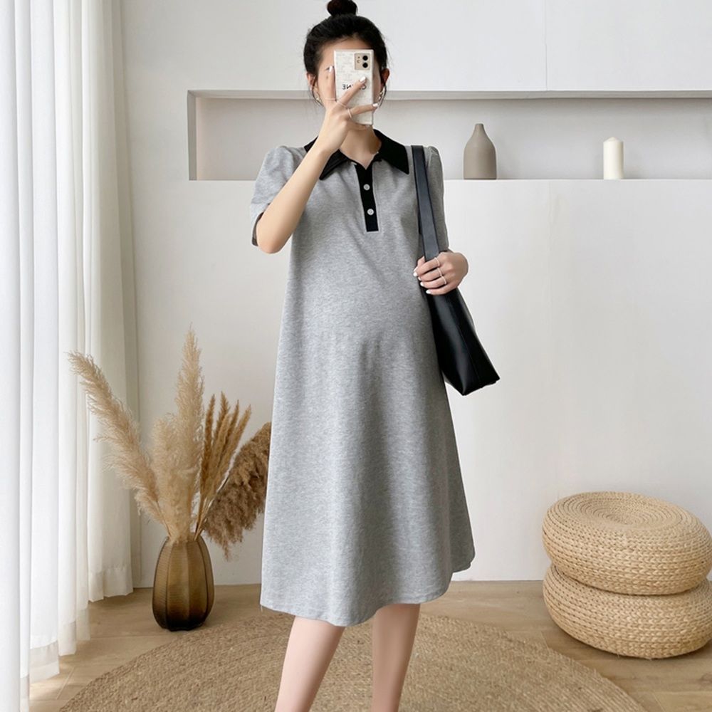 Lapel Mid Length Maternity Dress