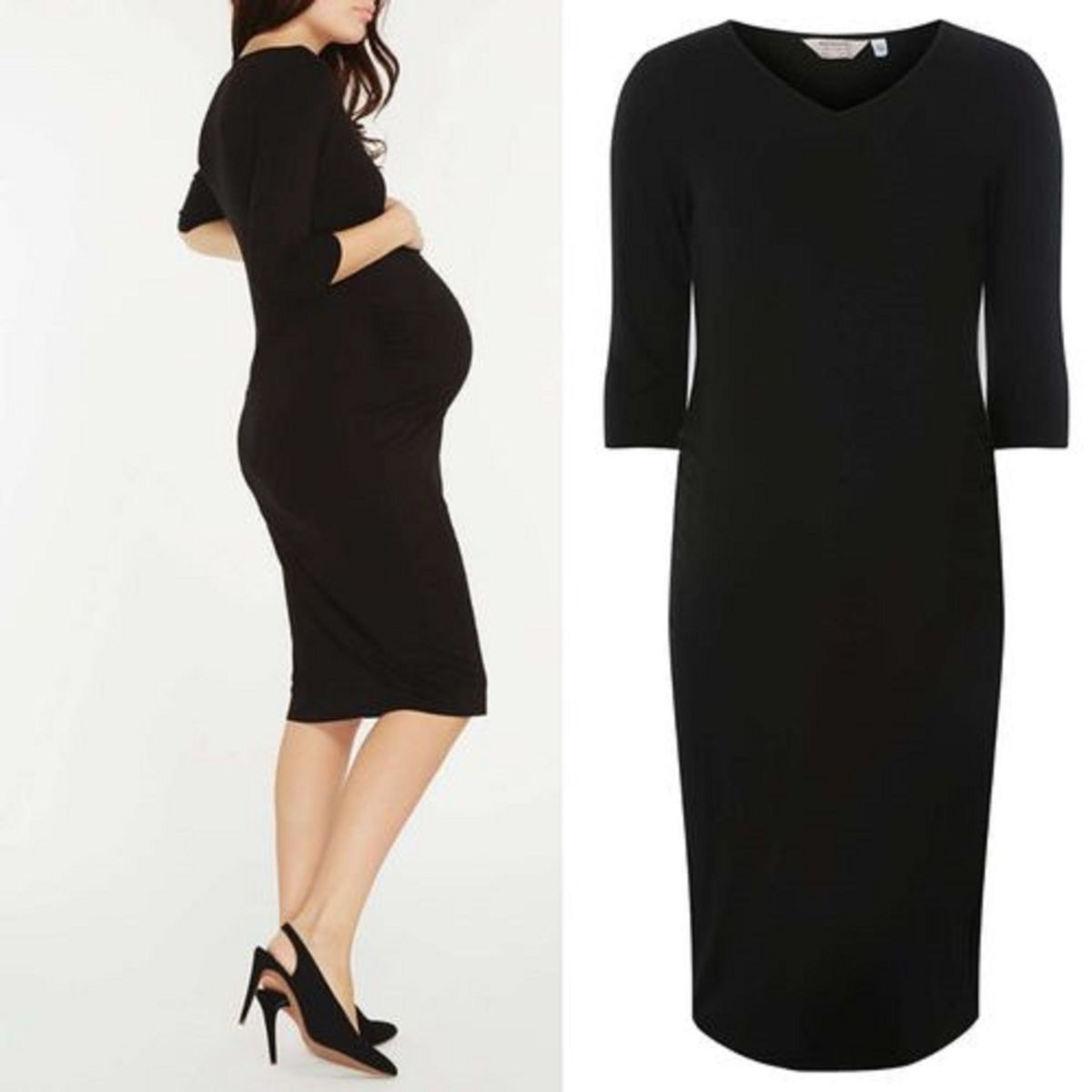 U0034 - V-neckline Half Sleeves Black Maternity Dress
