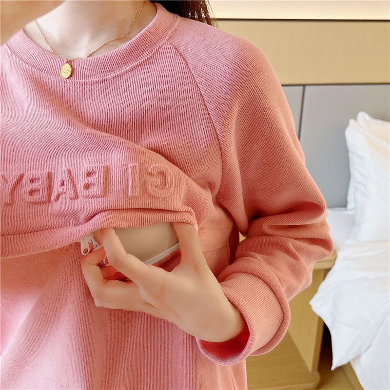 Pink-Fall Style Horizontal Open Zipper Nursing Sweatshirt Polyester Solid Color Autumn