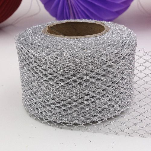 5cm 25Yards Diamond Hole Glitter Mesh Tulle Roll For DIY Christimas-Silver