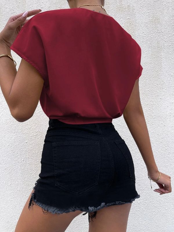 Ladies Plunging Twist Front Solid Top - Burgundy