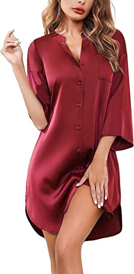 Women's Nursing Maternity Gown Satin Pocket  Shirt Button Down 3/4Sleeve Short Dress In Red