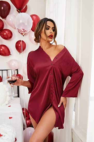 Women's Nursing Maternity Gown Satin Pocket  Shirt Button Down 3/4Sleeve Short Dress In Red