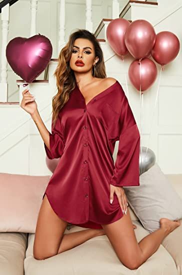 Women's Nursing Maternity Gown Satin Pocket  Shirt Button Down 3/4Sleeve Short Dress In Red