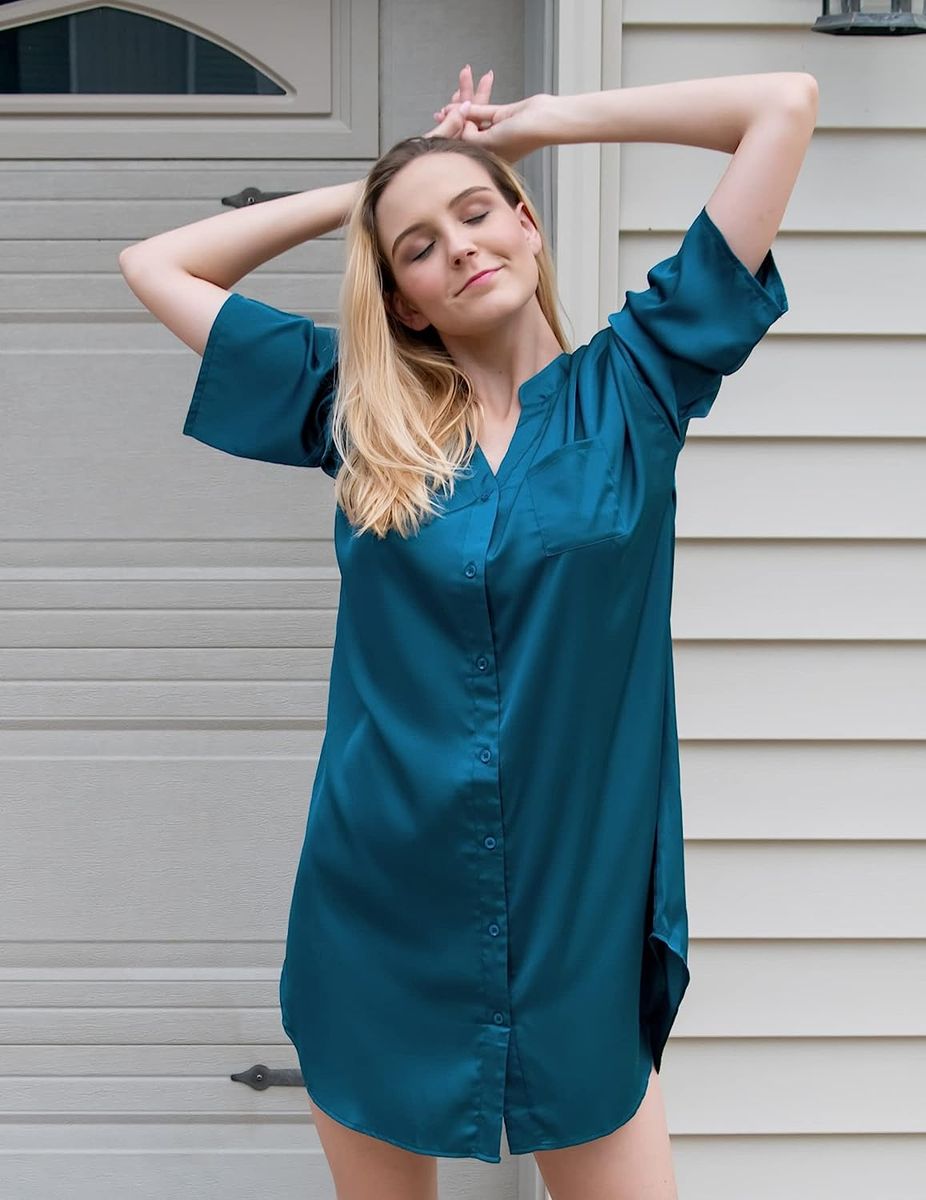 Teal Blue Satin Silk Women's Nursing Maternity Dress 3/4 Sleeve Loose Fit Casual Gown