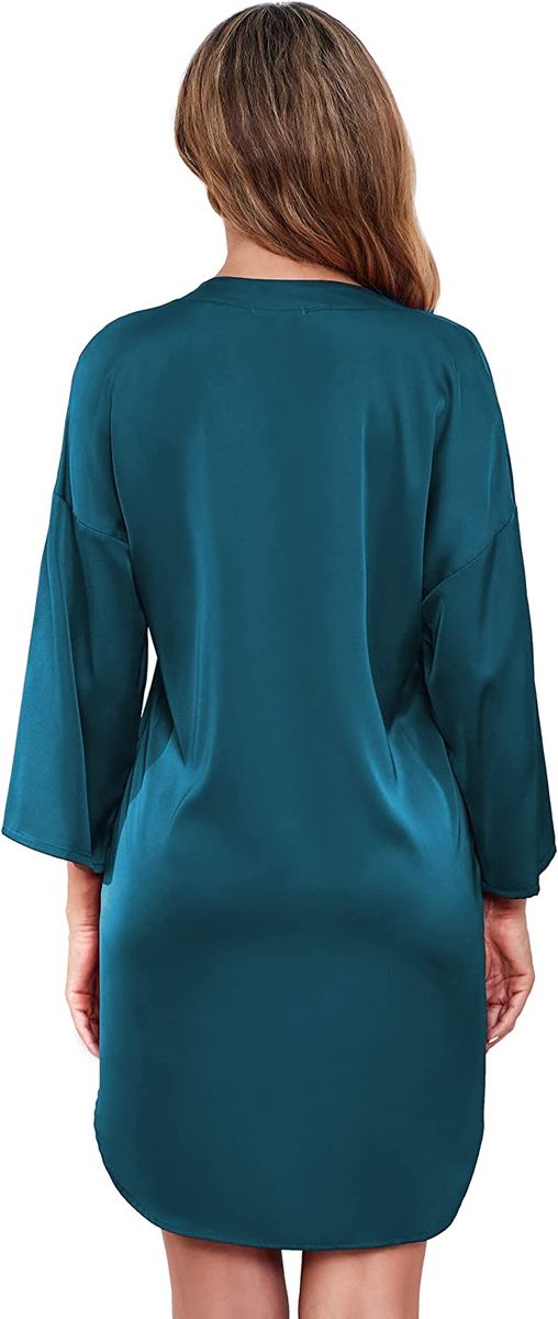 Teal Blue Satin Silk Women's Nursing Maternity Dress 3/4 Sleeve Loose Fit Casual Gown