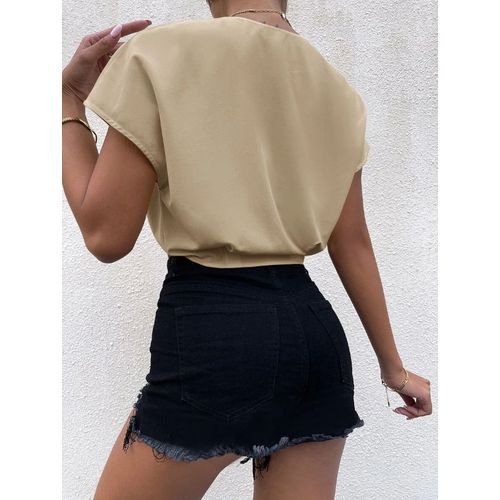 Ladies Plunging Twist Front Solid Top - Khaki