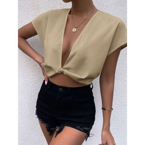 Ladies Plunging Twist Front Solid Top - Khaki
