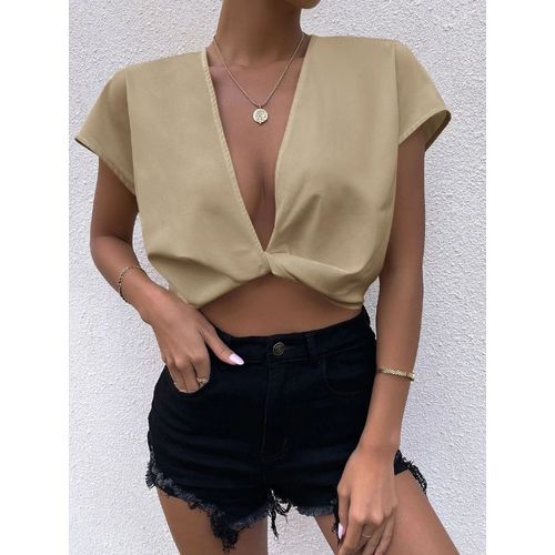 Ladies Plunging Twist Front Solid Top - Khaki