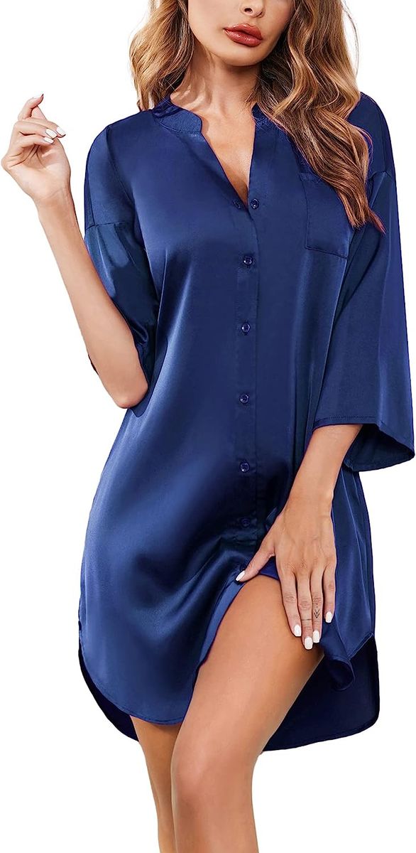 Women's Nursing Maternity Gown Satin Pocket  Shirt Button Down 3/4Sleeve Short Dress In Navy Blue