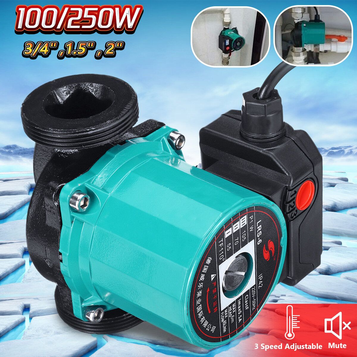 3-Speed 220V Central Heating Circulator Mute Boiler Hot Water Circulating Pump 100 1.5inch