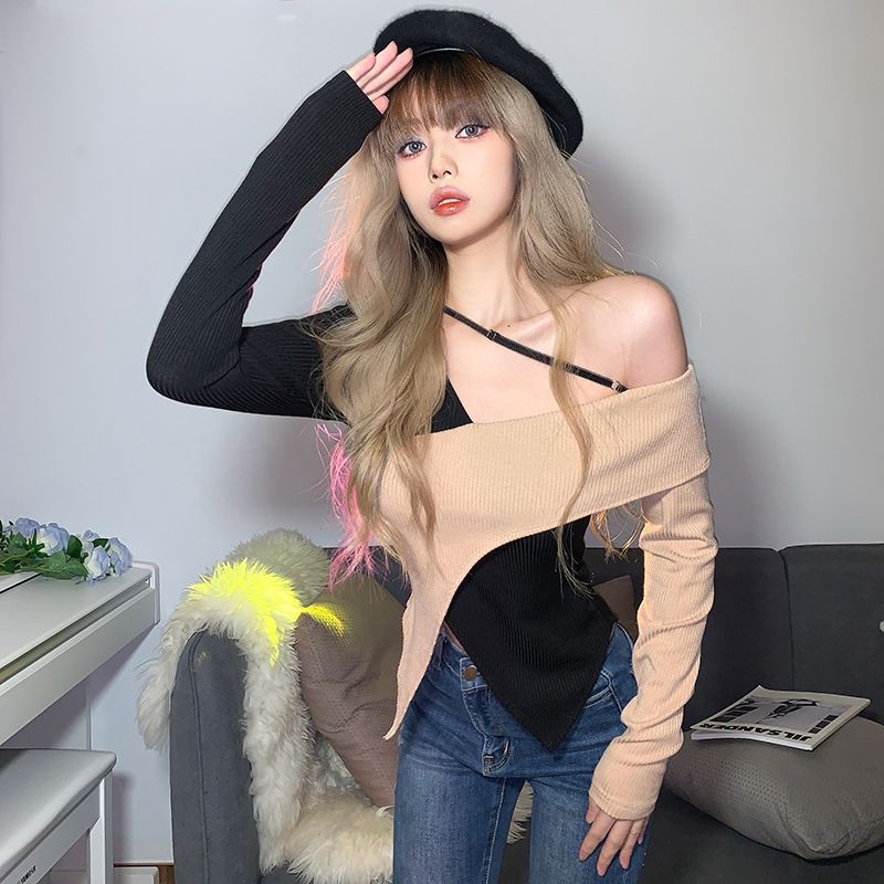 Off-the-Shoulder Scheming Machine Hot Girl Wear Stitching Design Long-Khaki