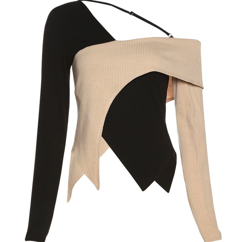 Off-the-Shoulder Scheming Machine Hot Girl Wear Stitching Design Long-Khaki
