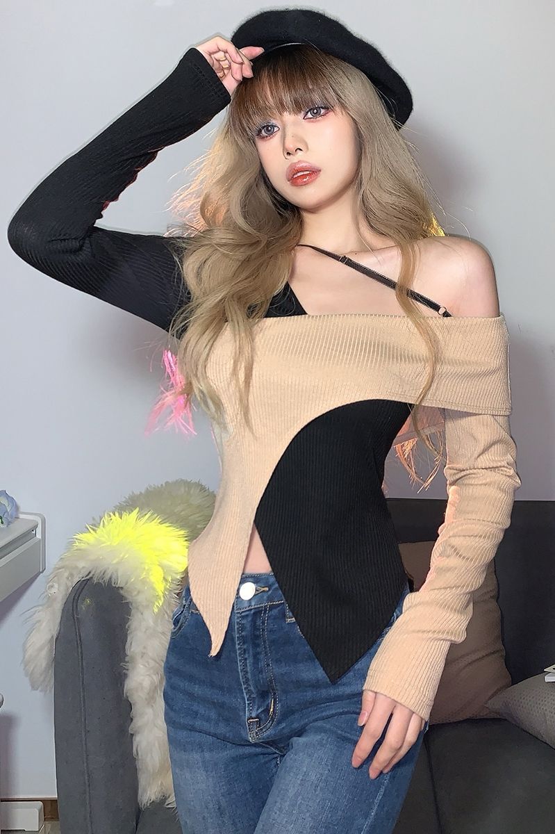 Off-the-Shoulder Scheming Machine Hot Girl Wear Stitching Design Long-Khaki