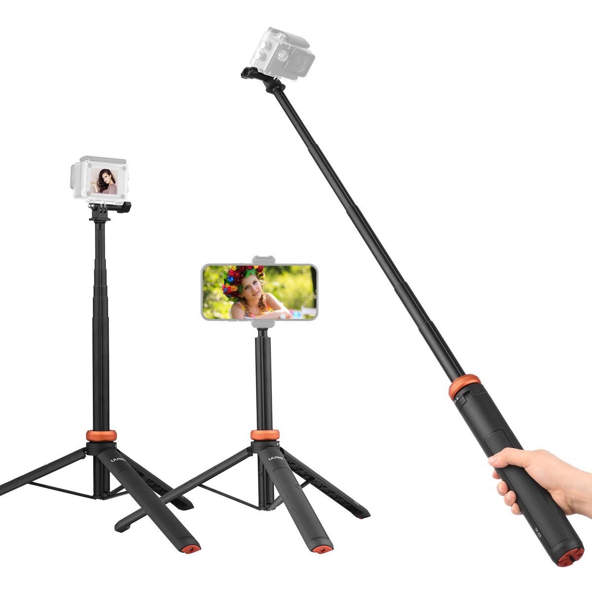 UURIG TP-03 Sports Camera Selfie Stick Tripod Stand Max. Length 122cm with 1/4 Inch Screw for Smartphone Action Camera Vlog Live Streaming Selfie Video Video Recording