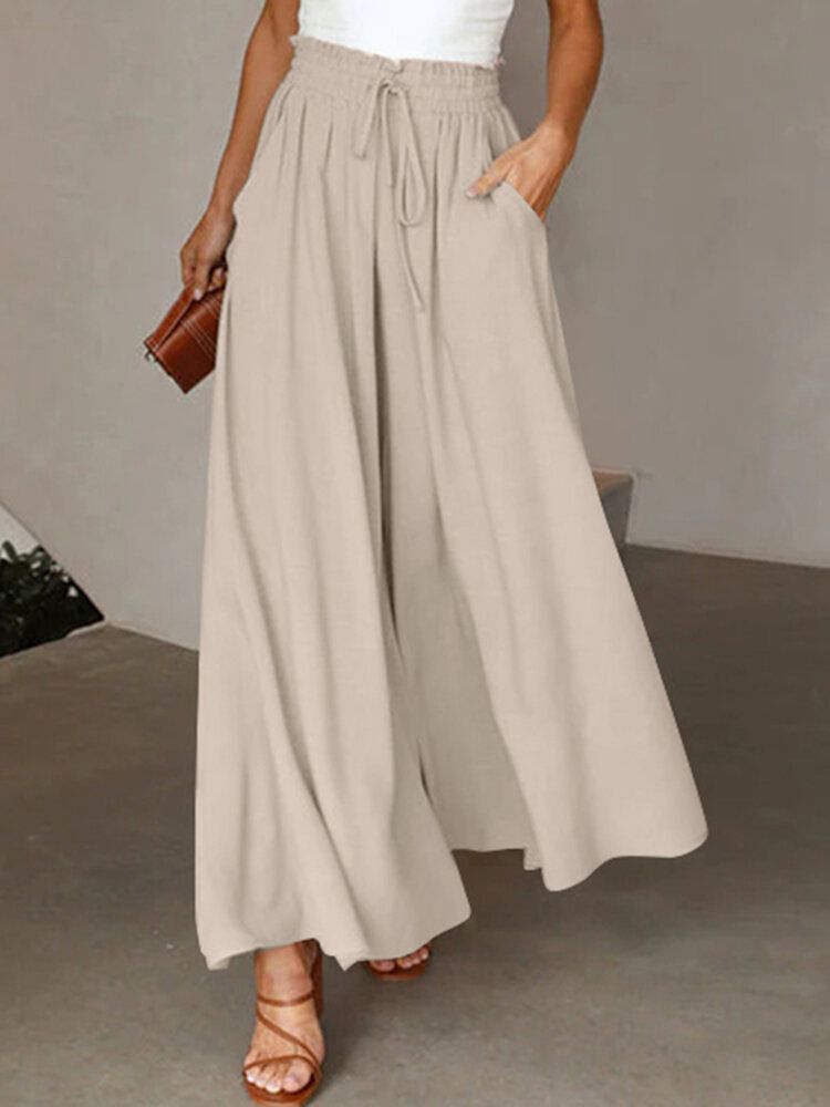 Solid Drawstring Waist Pocket Wide Leg Pants-Black