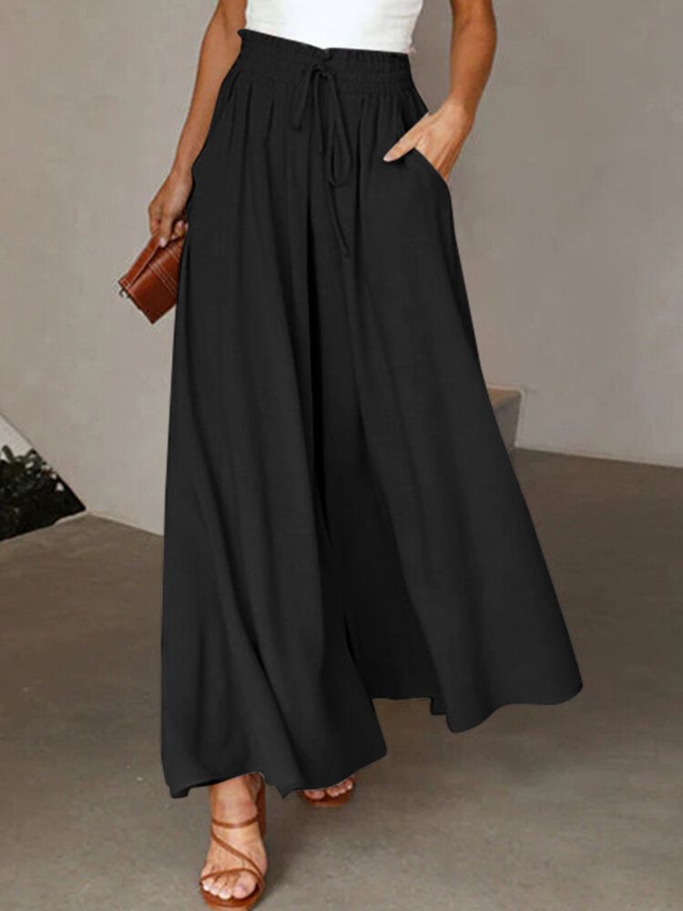 Solid Drawstring Waist Pocket Wide Leg Pants-Black
