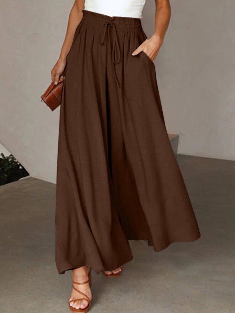 Solid Drawstring Waist Pocket Wide Leg Pants-Black